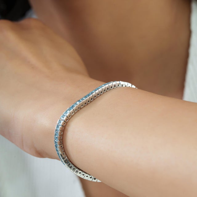 Céleste 5.16 Ct Blue Topaz Linear Tennis Bracelet in 925 Sterling Silver - Anniversary Gift For Sale - Image 6 of 12