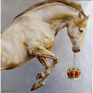 Reign by Michele Kortbawi Wilk | Oil on Linen with Silver Leaf Horse holding a crown. For Sale