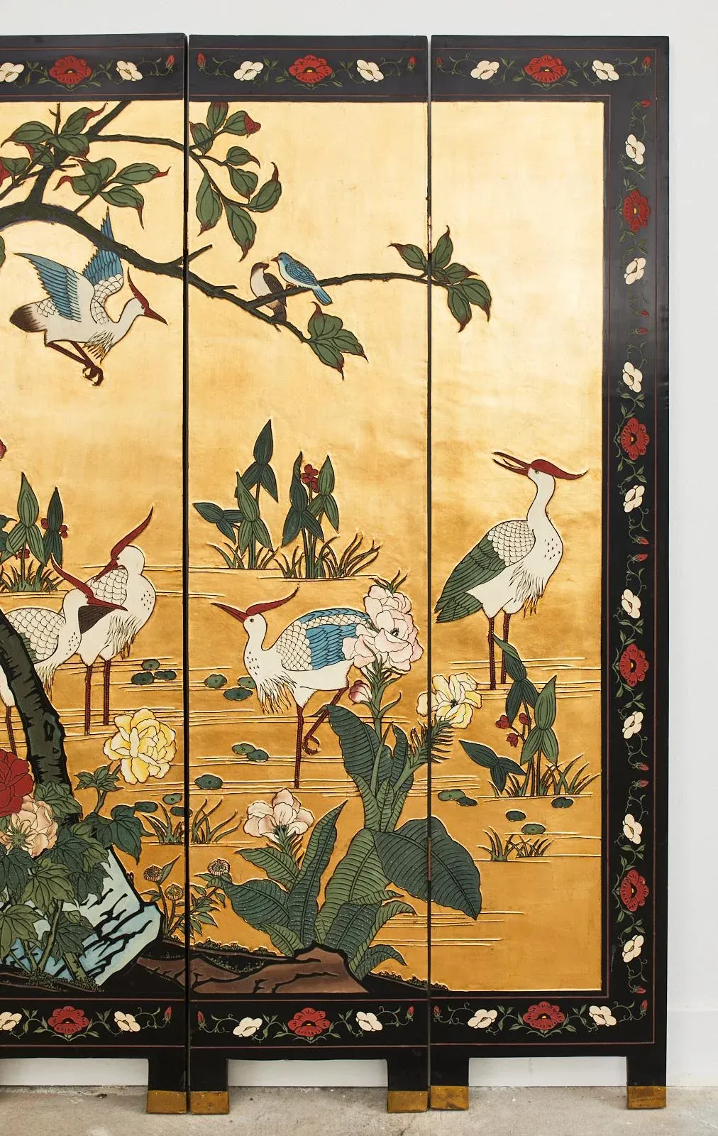 Chinese Export Four Panel Coromandel Screen Cranes on Gold Leaf
