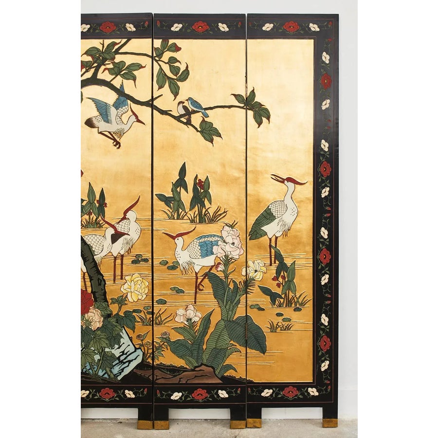 Chinese Export Four Panel Coromandel Screen Cranes on Gold