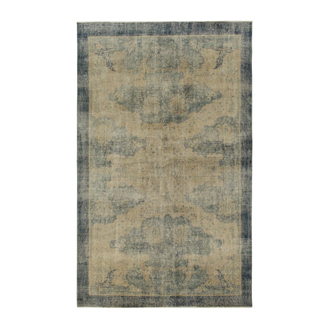 Textile 1960s Hand-Knotted Vintage Distressed Deco Rug in Beige, Blue Floral Pattern For Sale - Image 7 of 7