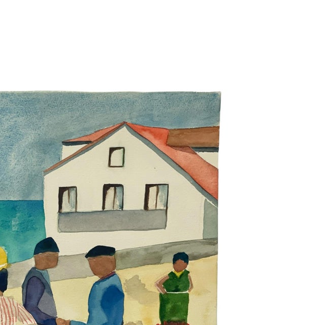 1970s Signed M. Hinea Coastal Village Market Original Watercolor Painting. For Sale - Image 9 of 10