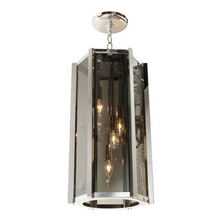 Mid-Century Modern Smoked Glass and Chrome Hexagonal Lantern Chandelier For Sale