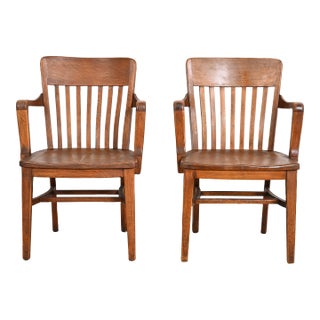 Antique Arts & Crafts Solid Oak Banker's Chairs, Pair For Sale