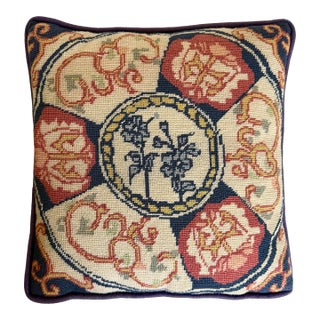 Traditional Needlepoint Pillow With Floral and Scroll Motifs For Sale