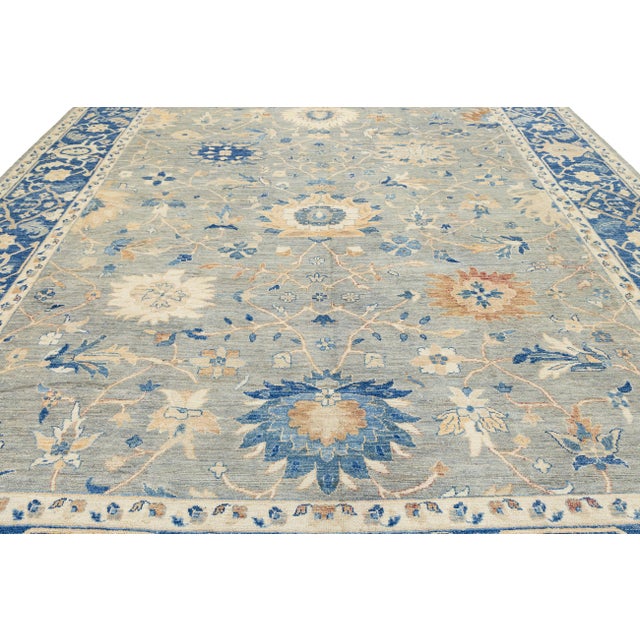 Modern Oushak Style Hand-Knotted Wool Rug - Slate Blue & Cream Floral For Sale - Image 9 of 11