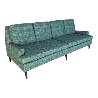 Newly Upholstered Mid Century Teal Green Tweed Sofa For Sale
