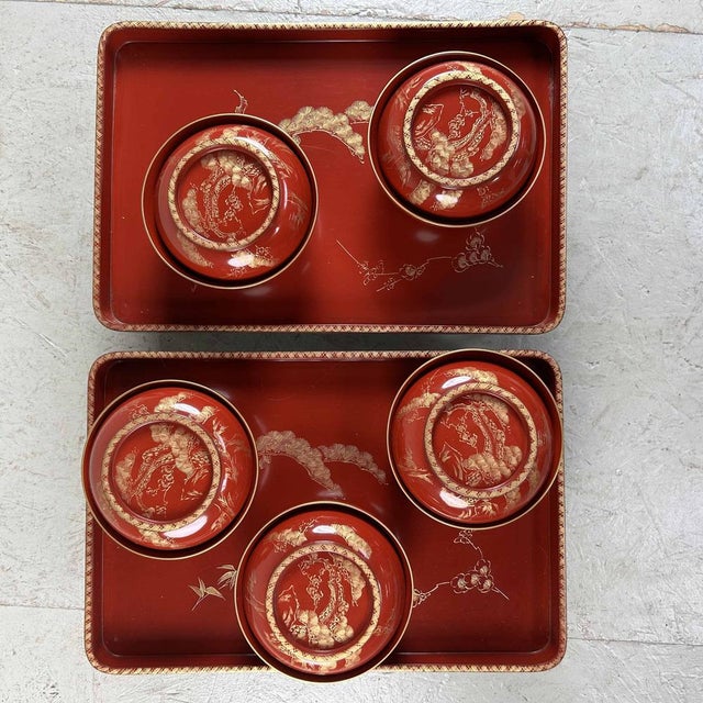 Taisho Era Shu-Nuri Ozen Dinner Set, Japan, 1920s, Set of 7 For Sale - Image 4 of 15
