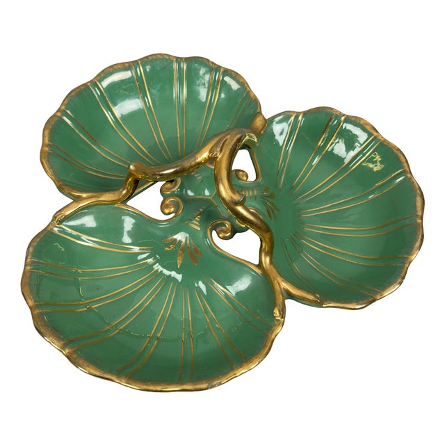 Green Gold Shell Artistic Majolica Centerpiece by CAT G.T, 1960s For Sale