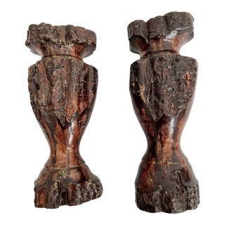 Vintage Chrysanthemum Live Edge Wood Candle Holders - a Pair For Sale