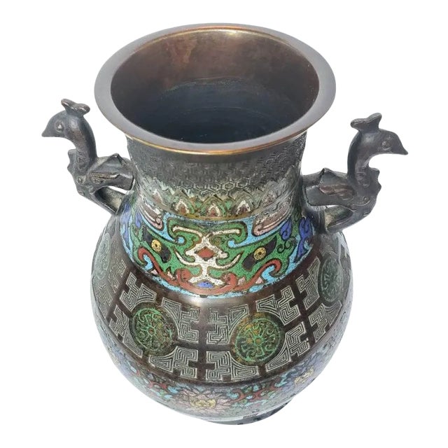 Japanese Champleve Enameled Bronze Urn Vase For Sale