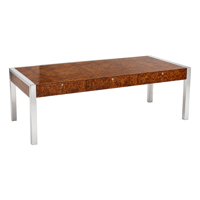 1970s Rare Leon Rosen for Pace Collection Burl Wood & Chrome Executive Desk For Sale