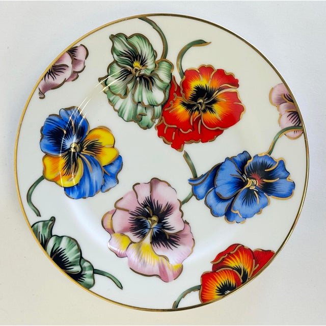 Traditional Vintage Fitz and Floyd "Pansies" 22k Gold Trimmed Porcelain Dessert Plates, Set of 4 For Sale - Image 3 of 8