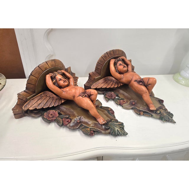 Wood Vintage Italian Carved Wood Cherub Wall Sconces a Pair For Sale - Image 7 of 12