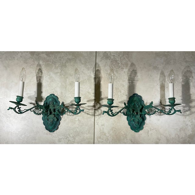 Pair of Antique French Style Verdigris Wall Sconces For Sale - Image 9 of 16