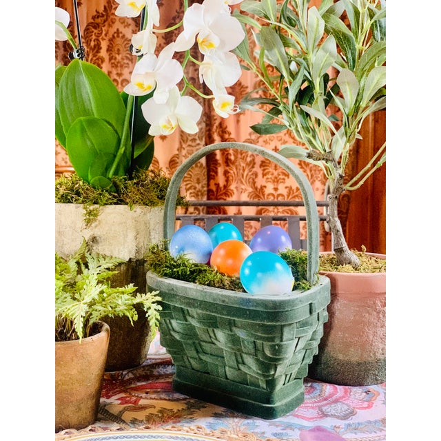 Green Vintage Early Twentieth Century Decorative Green Velveteen Flocked Woven Wood ‘Easter’ Basket For Sale - Image 8 of 12