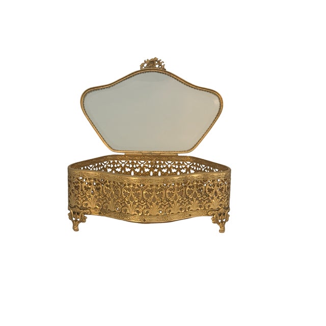 Rococo Large Antique Gilt Metal Jewelry Casket Beveled Glass Rococo Floral Box C1900 For Sale - Image 3 of 14