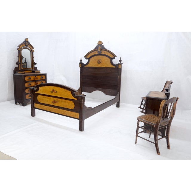 Victorian Painted Bedroom Dresser Mirror King Bed Headboard Rocking Chair Set For Sale - Image 9 of 18