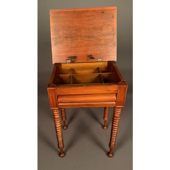 Wood Antique American Victorian Solid Walnut Sewing Table With Turned Legs & Lift-Top Storage, Late 19th Century For Sale - Image 7 of 10