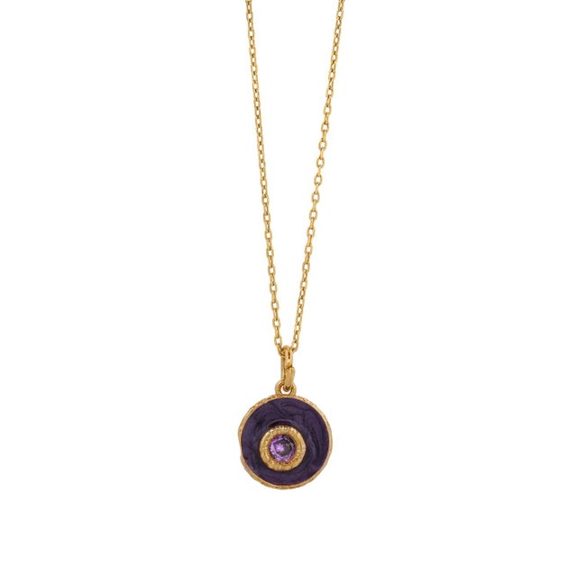 Purple Enamel Amethyst Stone Evil Eye Pendant Gold Chain Necklace For Sale - Image 4 of 7