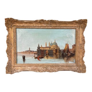 Late 19th Century Pair of Venetian Harbor Paintings — Attributed to Karl Kaufmann (F. Henrik), Oil on Canvas, Giltwood Frames, 17x25” Each For Sale