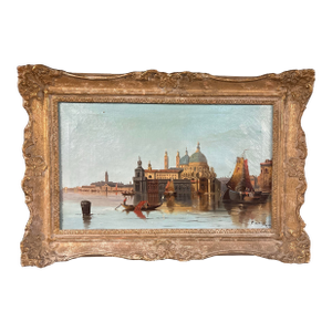Late 19th Century Pair of Venetian Harbor Paintings — Attributed to Karl Kaufmann (F. Henrik), Oil on Canvas, Giltwood Frames, 17x25” Each