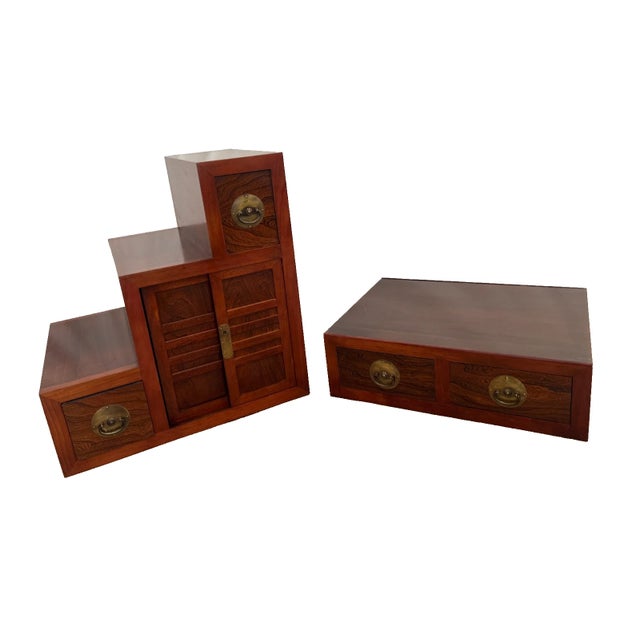 Gorgeous Vintage Japanese Kaidan Tansu Step Chest Sliding Cabinet Doors with pin locks, stacking bottom drawers. Four pass...