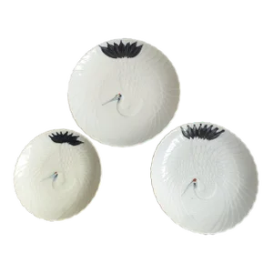 Red Crowned Crane Japanese Celadon Porcelain 1960's Vintage Plate Set 3