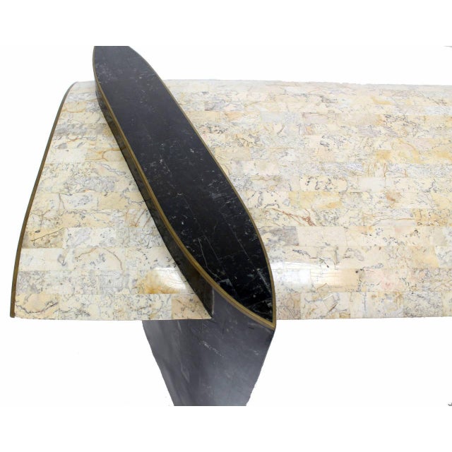 Tessellated stone veneer with brass inlays mid century modern console sofa table by Maitland-Smith.