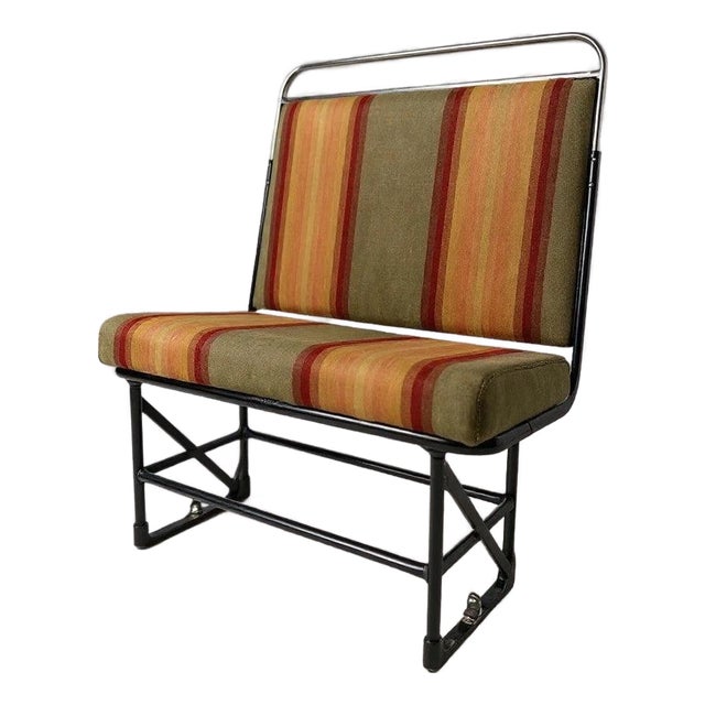 Vintage Industrial Bench with Striped Upholstery For Sale