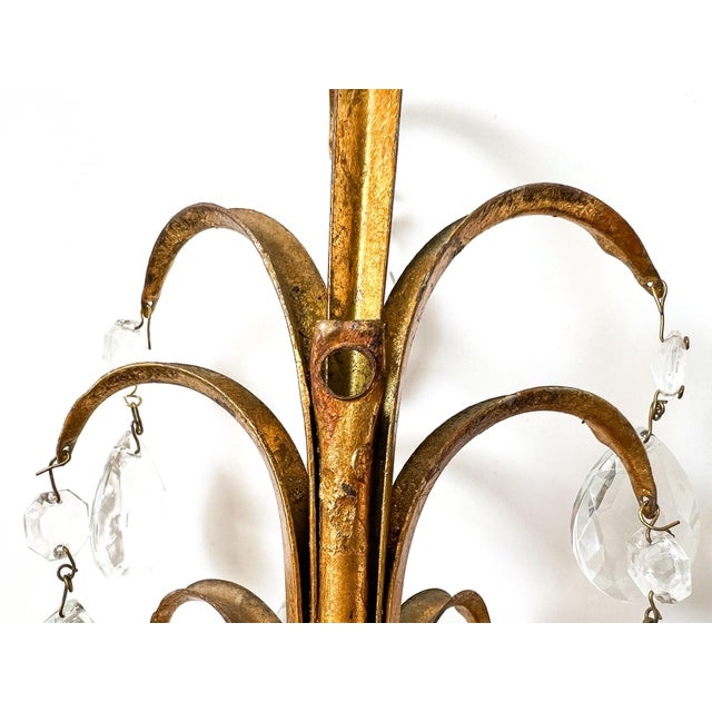 Pair of Vintage Italian Gold Gilt Tole Wall Sconces With Crystal Prisms – Hollywood Regency / Florentine For Sale In Houston - Image 6 of 9