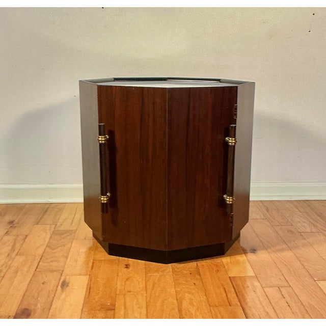 Striking 70's vintage mid-century modern octagonal cabinet/end table, featuring a rich, warm Brazilian Rosewood frame,...