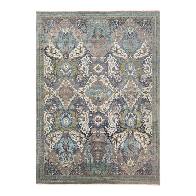 Modern Turkish Oushak Style Handmade Gray & Blue Wool Rug With Allover Pattern For Sale