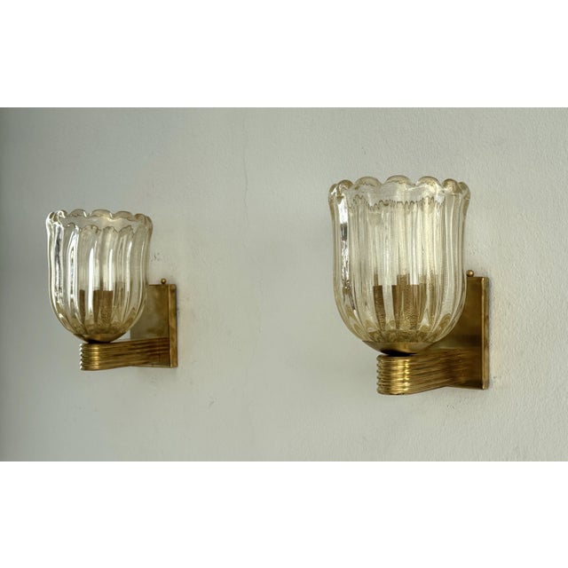 1990s Art Deco Italian Murano Crystal Glass and Brass Wall Sconces, 1990s, Set of 2 For Sale - Image 5 of 14