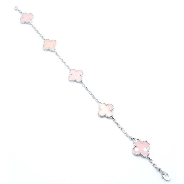 Late 20th Century Van Cleef & Arpels Pink Opal Vintage Alhambra Five Motif White Gold Bracelet For Sale - Image 10 of 14