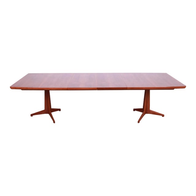 John Widdicomb Mid-Century Modern Sculpted Walnut Double Pedestal Extension Dining Table, Newly Refinished For Sale