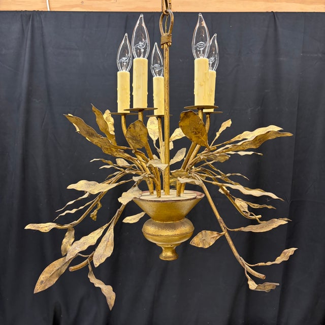 Antique French chandelier is made of gold leafed “tole” interlaced curved leaf forms on branches. The elegant shape...