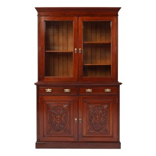 Art Nouveau Display Cabinet or Bookcase in Oak with Carvings and Glass Doors, 1890s For Sale