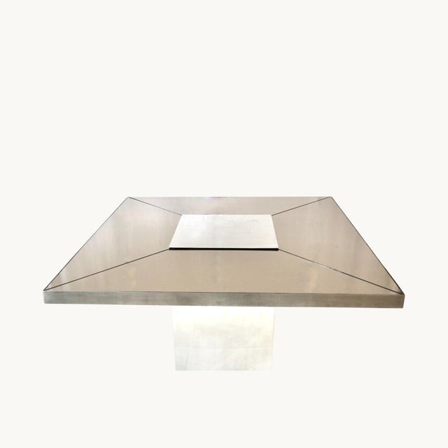 Vintage Square Table with Central Stainless Steel Base and Four-Part Smoked Glass Top, 1970s For Sale - Image 3 of 11