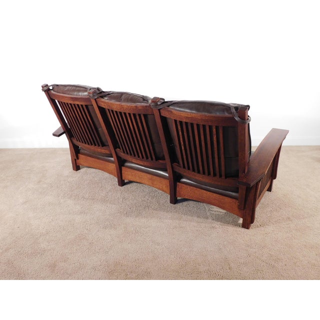 Wood Vintage Antique Style Mission Prairie Arts & Crafts Dark Oak Scallop Back Sofa For Sale - Image 7 of 16