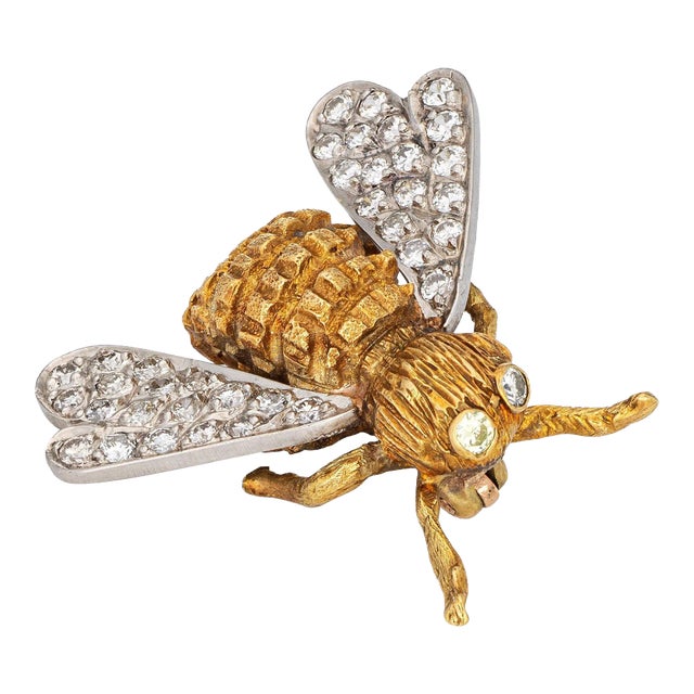 Bumble Bee Brooch Pin Diamond Wings Vintage 18k Gold Estate Insect Jewellery For Sale