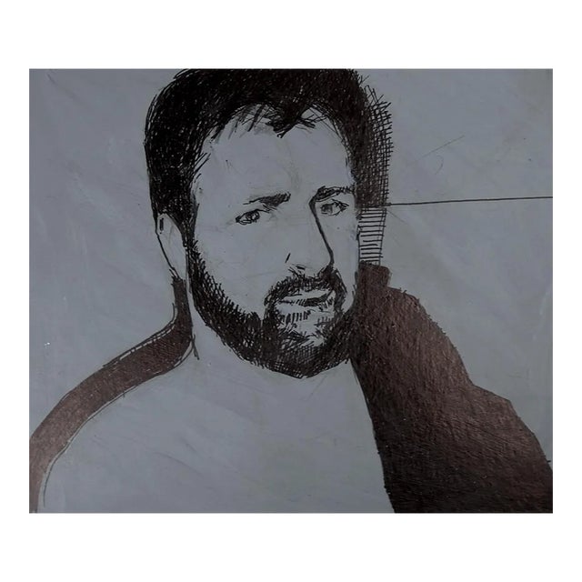 Late 20th Century Black and Gray Portrait of Bearded Man Drawing For Sale
