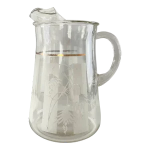 Mid Century Modern Living Clear Pitcher With White Painted Desert Flower