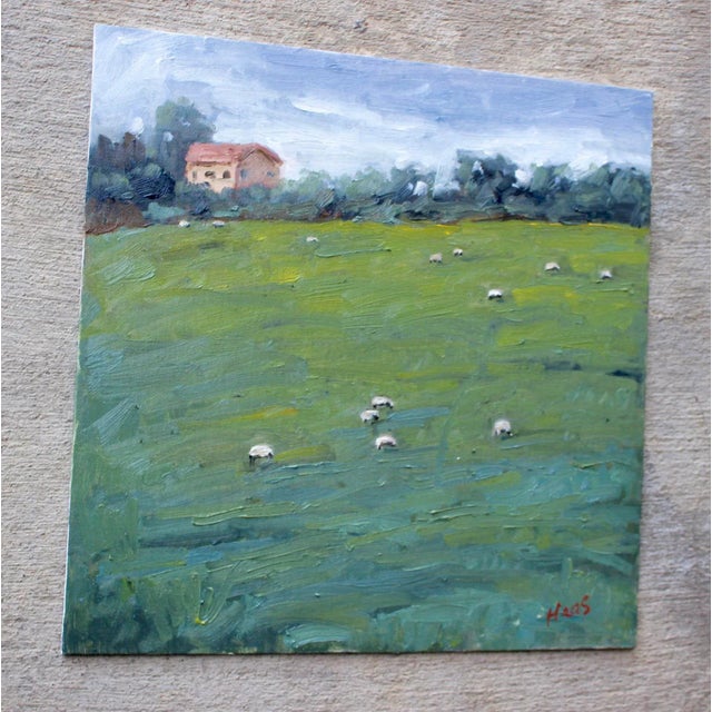 Green "Grazing Sheep on a Hillside" Contemporary Landscape Oil Painting For Sale - Image 8 of 13