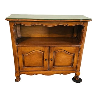 French Country 1950s Maple Hall Entry Cabinet Side Table Dry Bar Leather Tooled Top For Sale