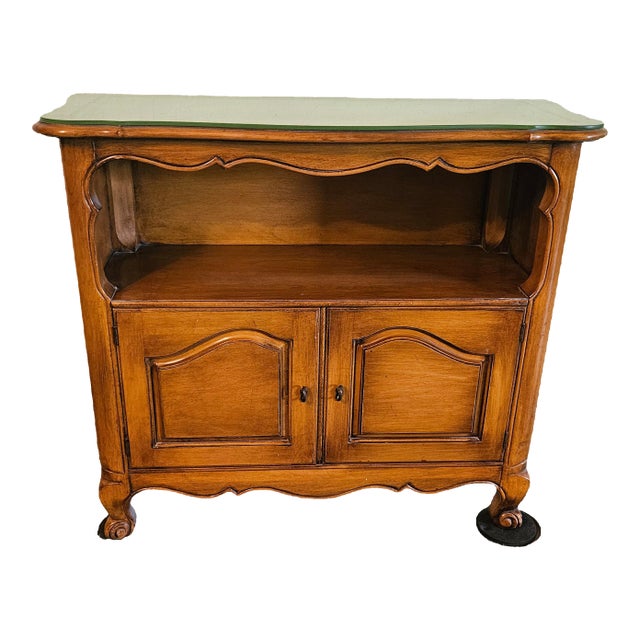 French Country 1950s Maple Hall Entry Cabinet Side Table Dry Bar Leather Tooled Top For Sale