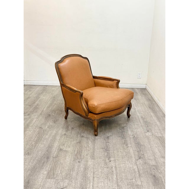 French Leather Bergere Style Chair With Ottoman For Sale - Image 3 of 9