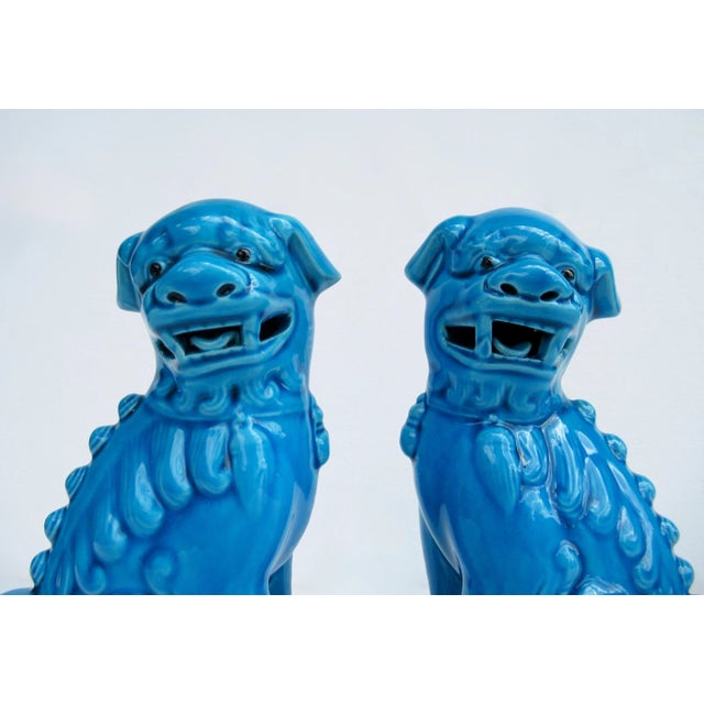 Ceramic Vintage C1970's-1980's Ceramic Glazed Peacock Cerulean Blue Foo Dogs -A Pair For Sale - Image 7 of 13
