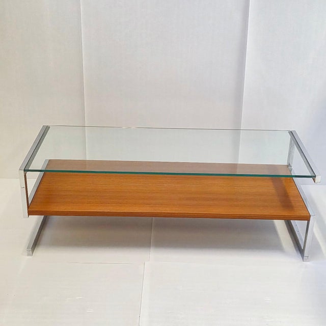 Mid-Century Modern Vintage Coffee Table in Chrome-Plated Steel with Teak Veneer and Glass Top from Belgo Chrome, 1960s For Sale - Image 3 of 11