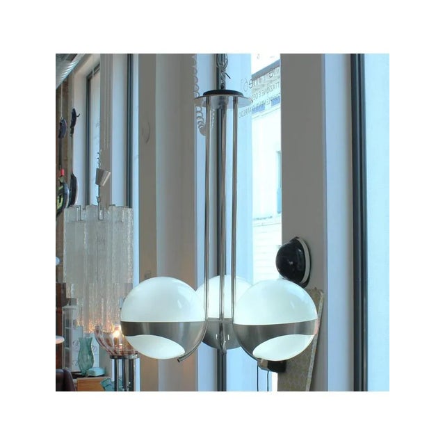Silver 3-Light Chandelier in Glass and Stainless Steel from Lamperti, 1970s For Sale - Image 8 of 16